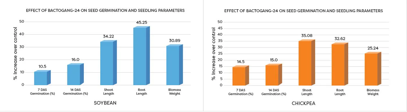 Effect of Bactogang-24 on seed germination and seedling parameters — soybean and chickpea